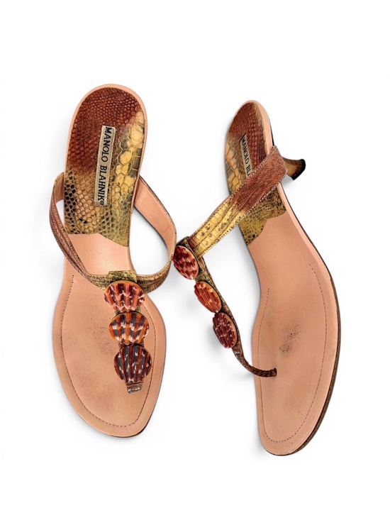 Manolo Blahnik Shoes - Manolo Blahnik Seashell Python Snakeskin Thong Sandal Open Toe Kitten Heels